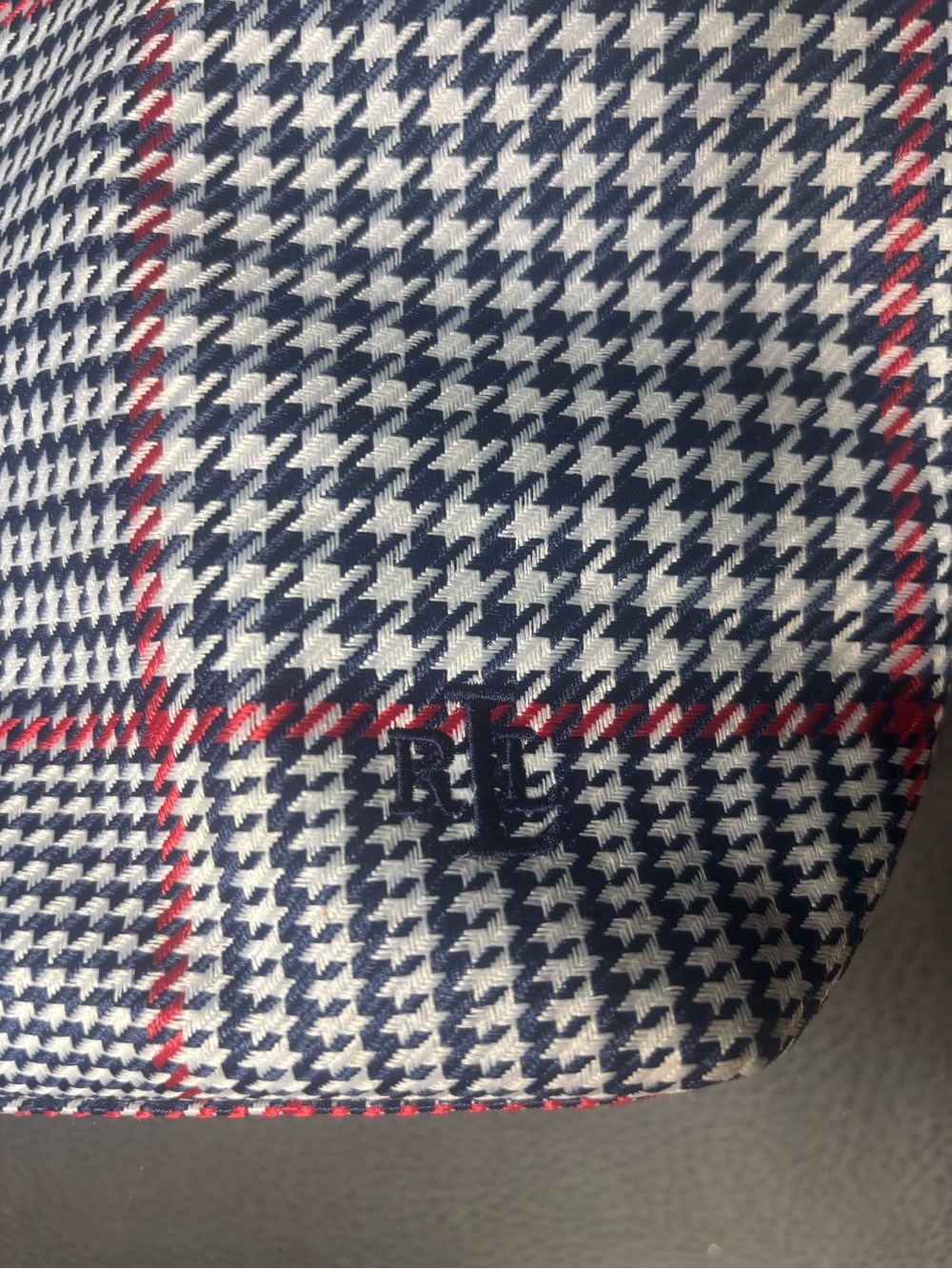Lauren Ralph Lauren Houndstooth Plaid shoulder Tote Bag Blue Tan RL Monogram - Picture 3 of 13